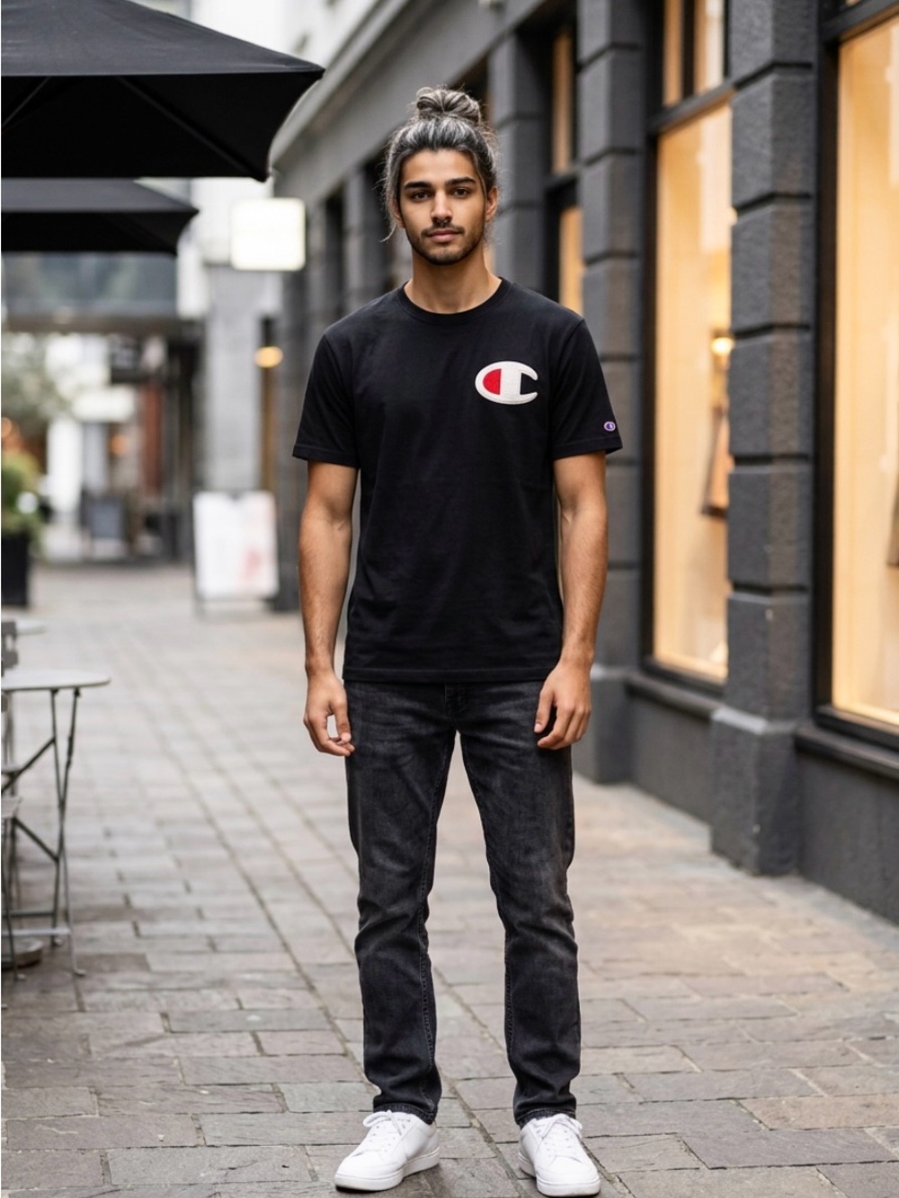 Champion Black T-Shirt with Red & White Logo